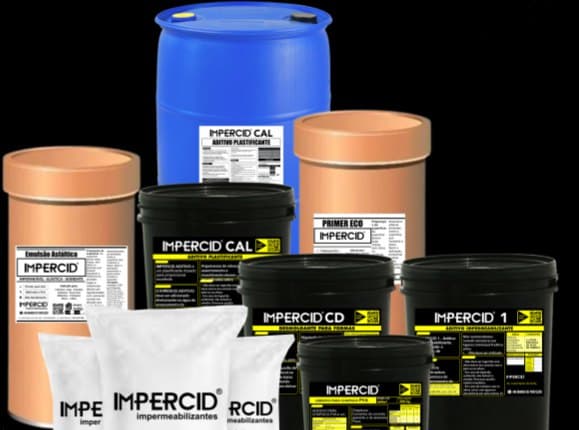 Embalagens da linha Impercid: aditivos, emulsão asfáltica, primer, desmoldante e asfalto para pavimentação